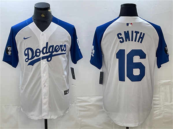 Los Angeles Dodgers #16 Will Smith White Blue Vin Patch Cool Base Stitched Jersey - Click Image to Close